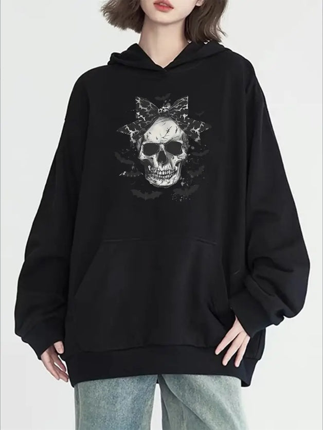 Halloween Skull Graphic Kangaroo Pocket Hoodie - Casual Long Sleeve Hooded Sports Sweatshirt For Women, All-Season