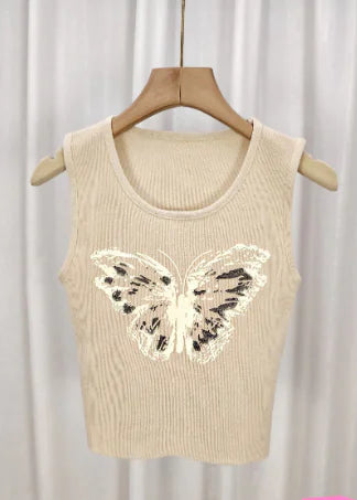 Women’s Blue Butterfly Print Sleeveless Top with Beads