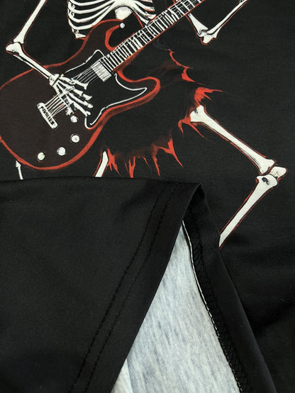 Men's Skull Guitar Patterned Round Neck T-shirt, Summer Casual Streetwear, Casual And Halloween Party Wear
